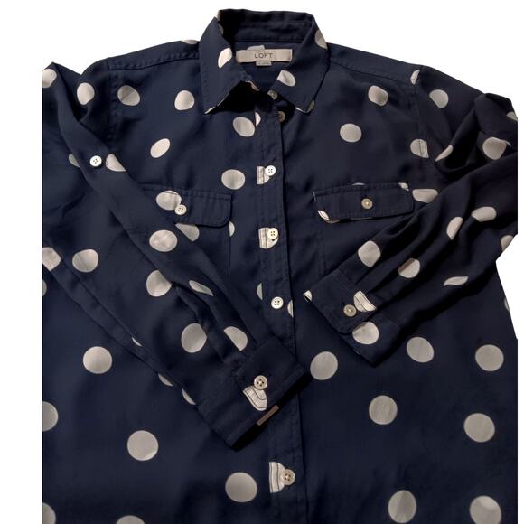 LOFT Blouse Top Career Office Professional Chic XS Navy Blue White Polka Dots - Picture 3 of 7